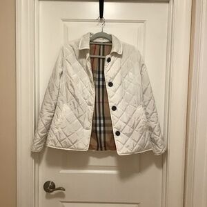 White Quilted Jacket with Plaid Lining - Size M